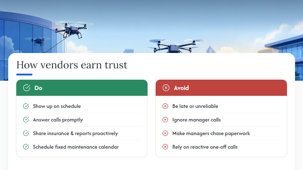 How vendors earn long-term trust with property managers — overview diagram