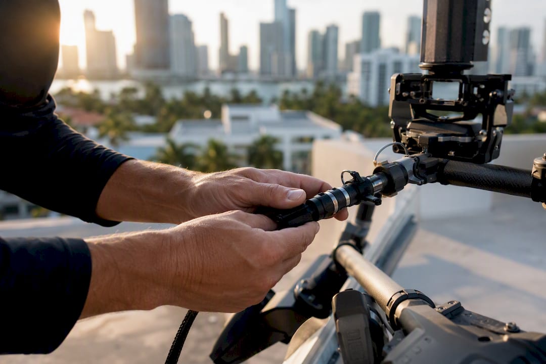 Drone pilot connecting tether on commercial rooftop