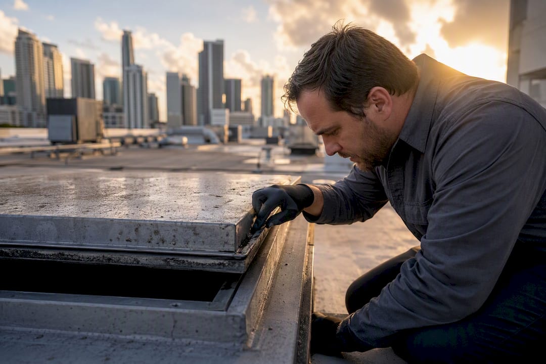Technician inspecting rooftop access hatch