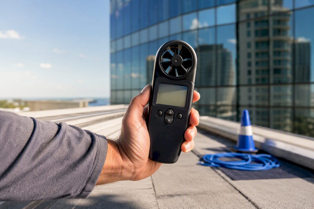 Technician measuring wind with handheld anemometer