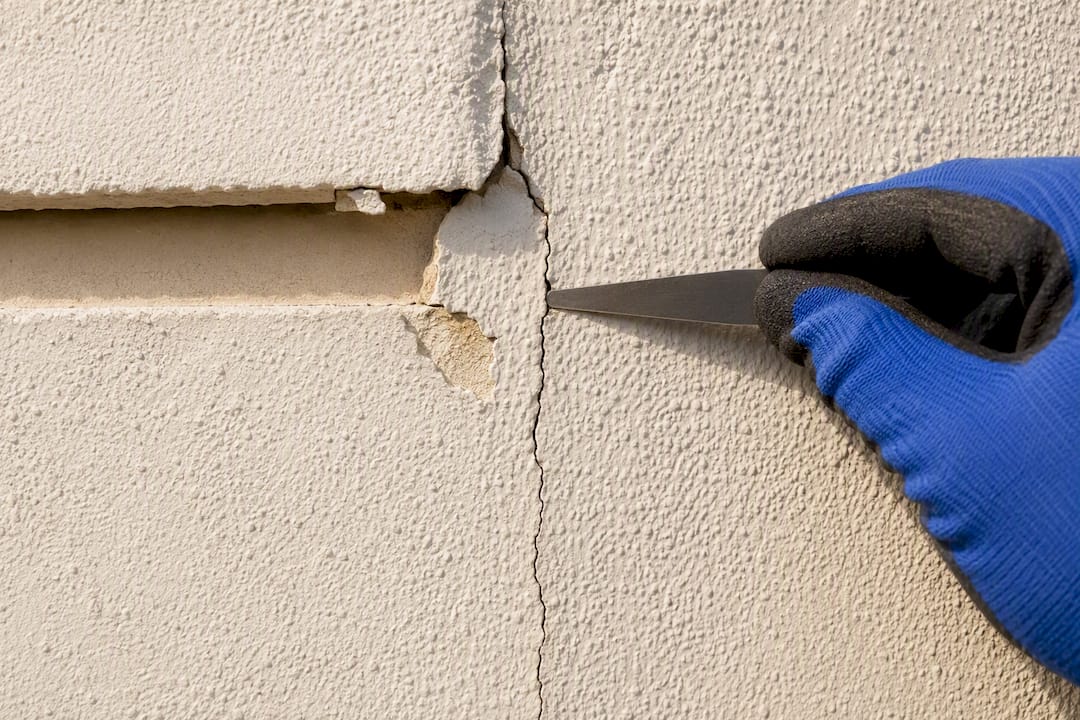 Close-up of cracked commercial stucco facade