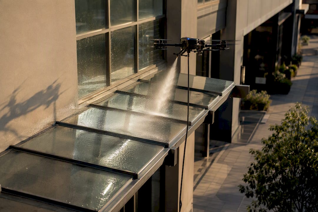 Tethered drone cleaning commercial glass canopy