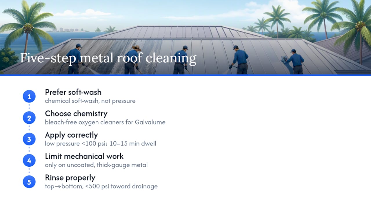 Five-step metal roof oxidation cleaning protocol