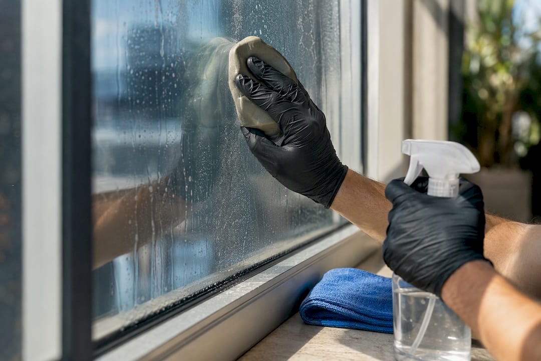 Gloved worker removing residue from glass