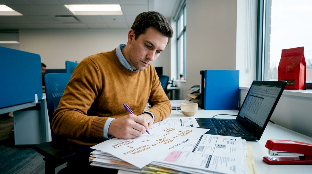 Person reviewing coffee supply chain paperwork