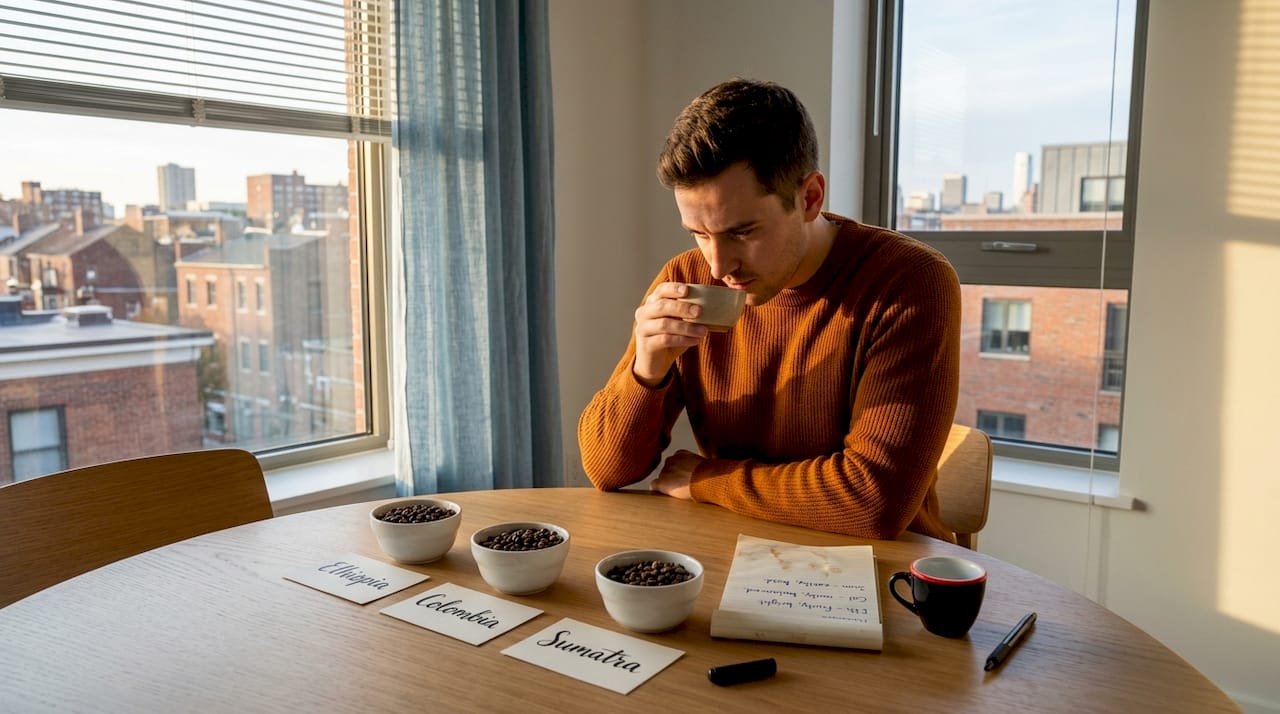 Man comparing coffee beans by origin at home
