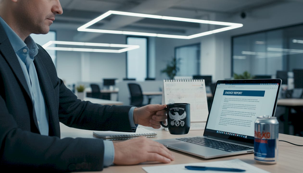 Office worker compares coffee and energy drink