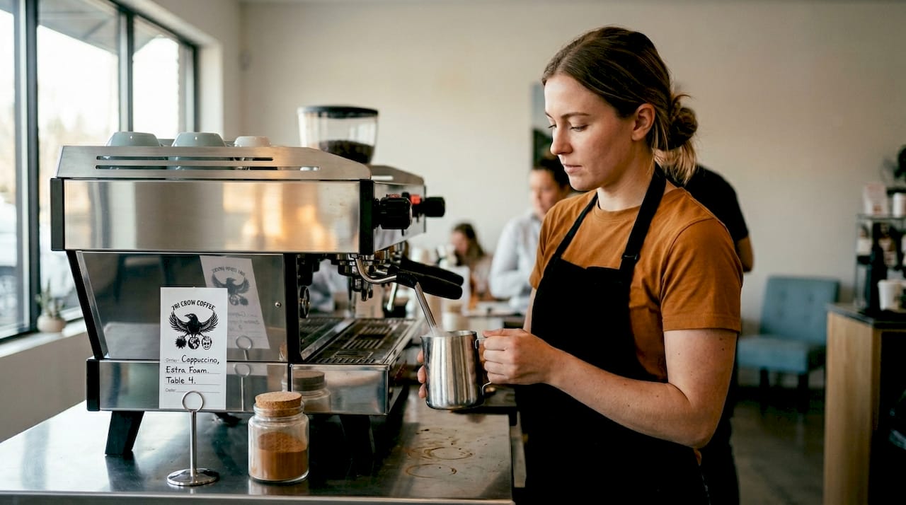 Barista steaming milk for cappuccino at café
