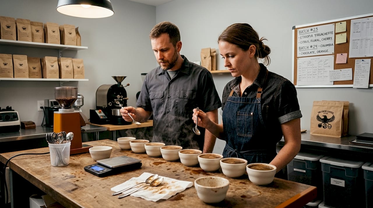 Coffee cupping in busy roastery kitchen