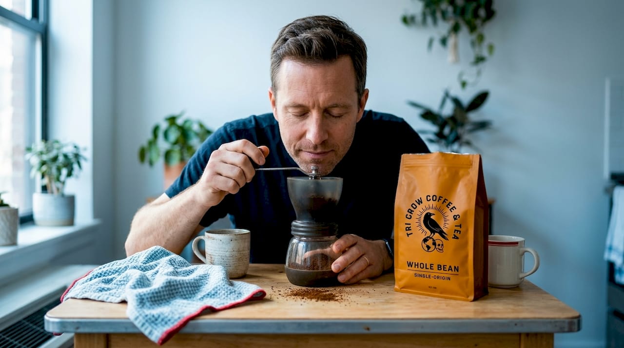 Man smelling aroma of freshly ground coffee