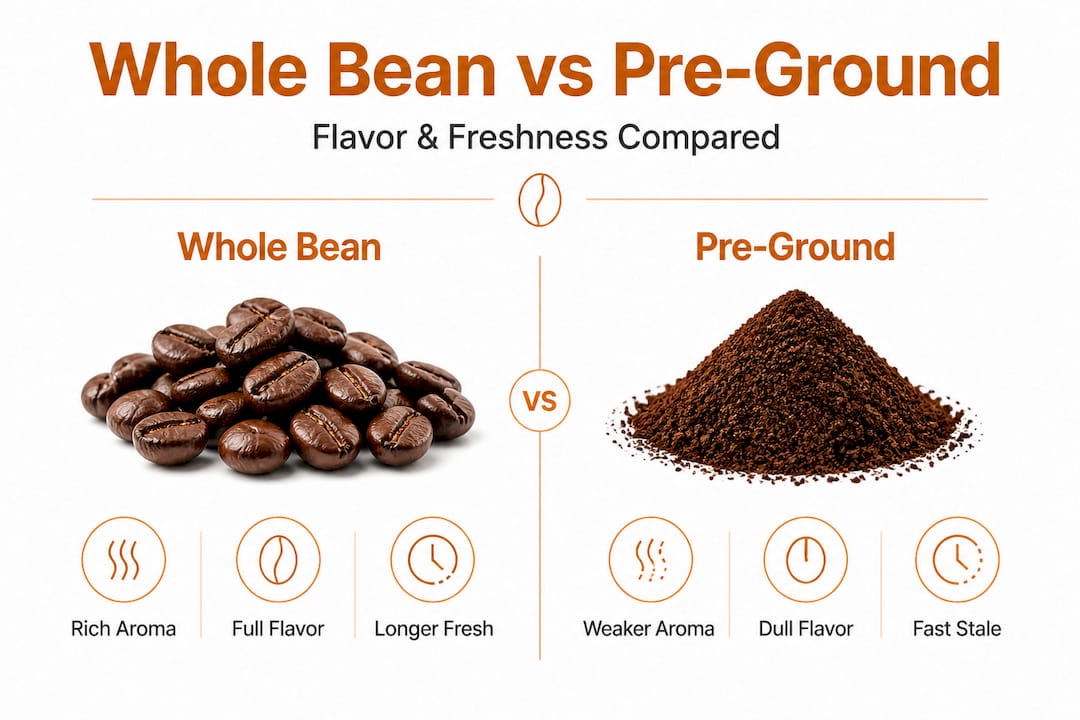 Infographic contrasting whole bean and pre-ground coffee qualities