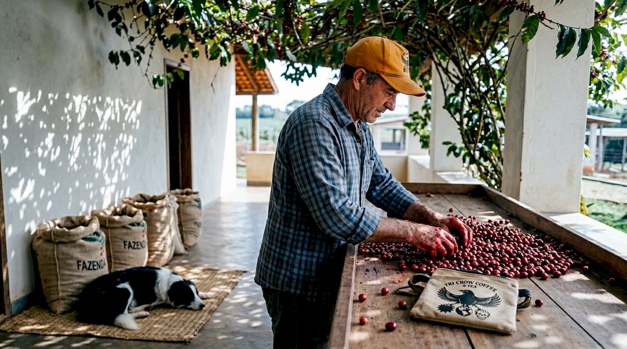 Brazilian farmer sorting ripe coffee cherries