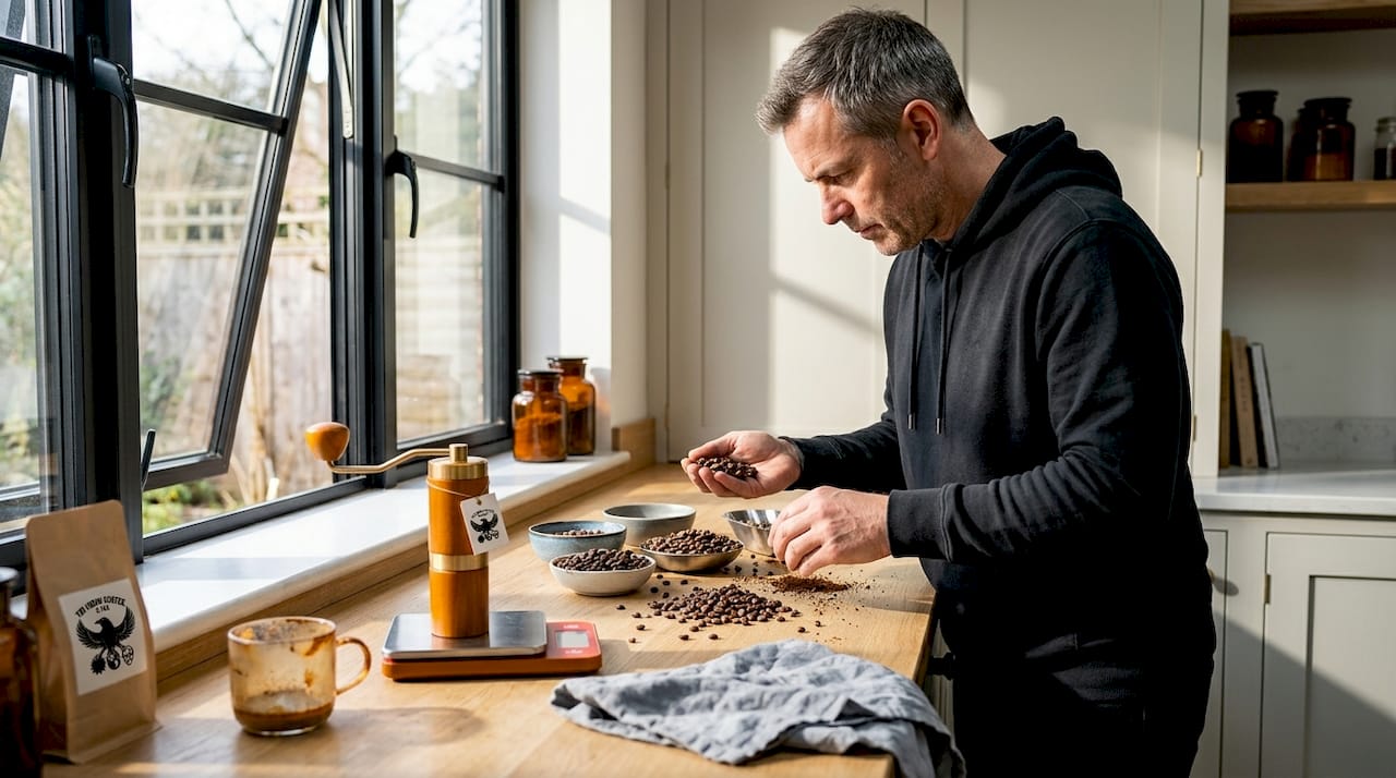 Man sorting roasted coffee beans for crema