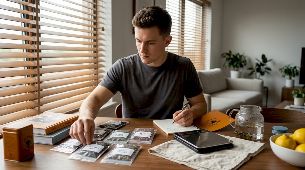 Man planning custom tea blend choices