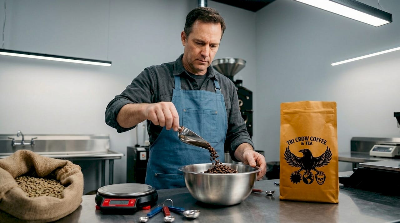 Coffee roaster blending beans at workbench