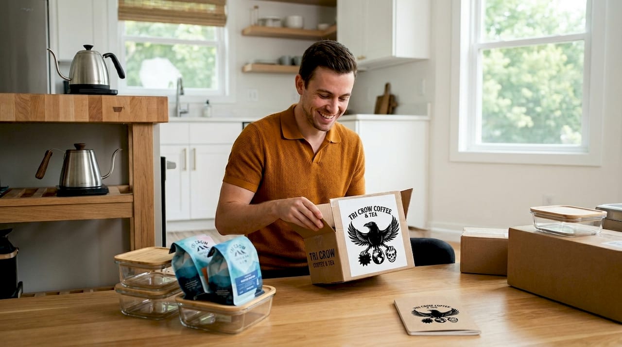 Person opening premium coffee delivery at home