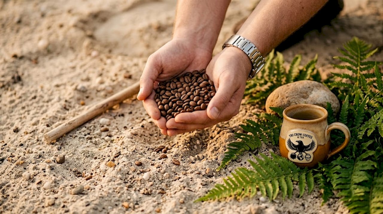 Hands with coffee beans above volcanic soil