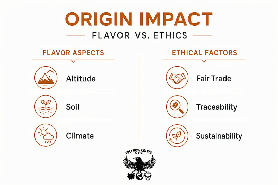 Infographic comparing flavor and ethics of coffee origin