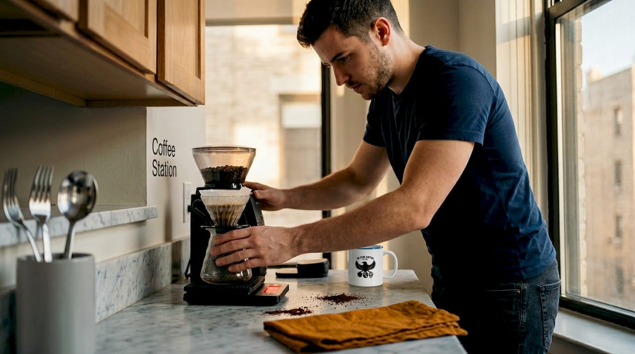 Man organizing a home coffee station