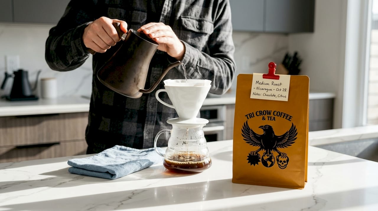 Pouring hot water for medium roast coffee