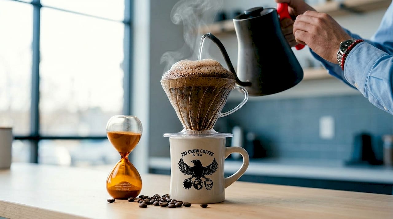 Close-up showing coffee blooming with rising foam
