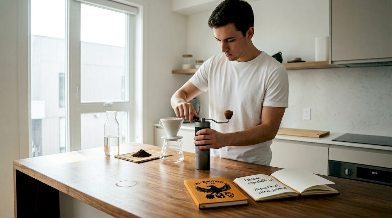Man adjusting coffee grinder for brewing