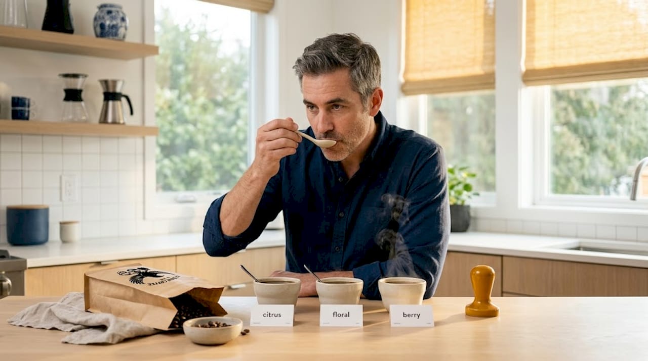 Man tasting light roast coffee flavors