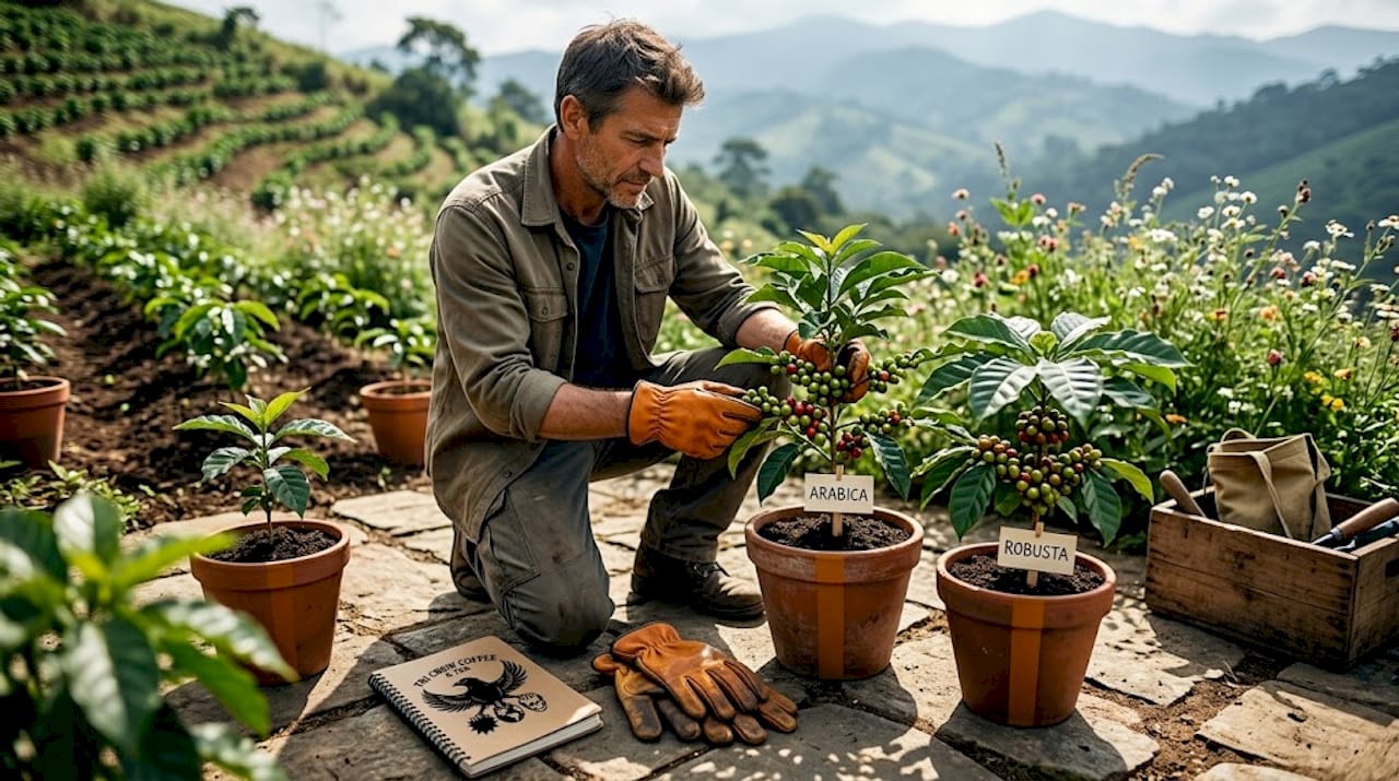 Agronomist comparing Arabica and Robusta