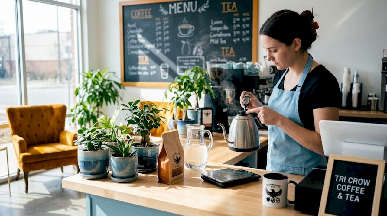 Barista measuring water temperature at café counter