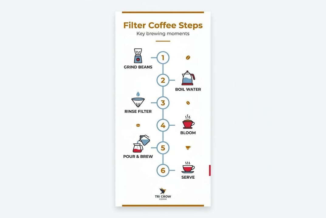 Infographic showing filter coffee brewing steps