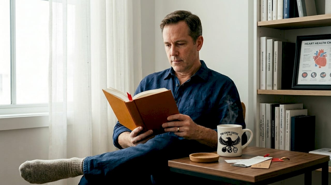 Man reading with coffee, heart health infographic