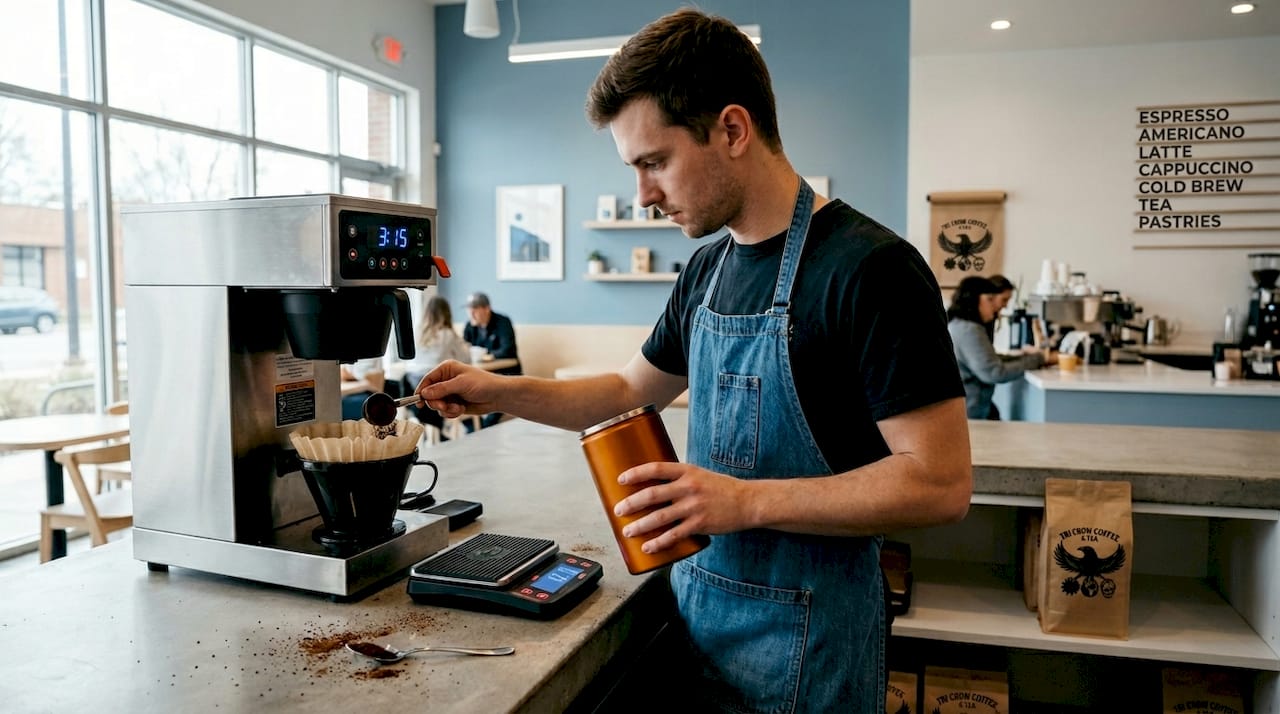 Man weighing coffee for home batch brew