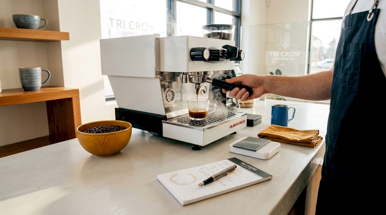 Espresso shot being pulled and measured