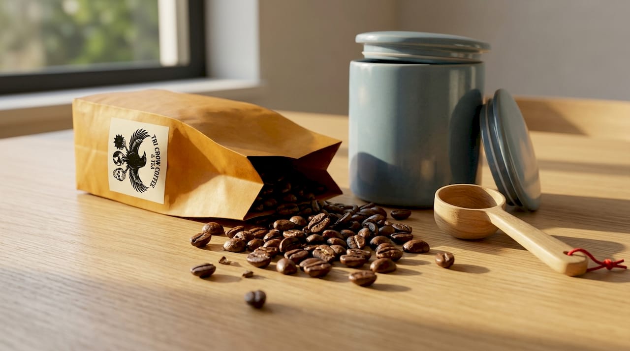 Roasted coffee beans exposed on countertop