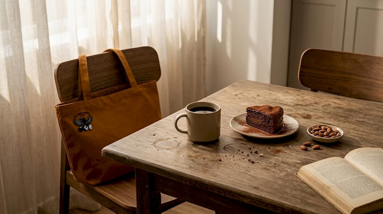 Medium roast coffee paired with cake and almonds