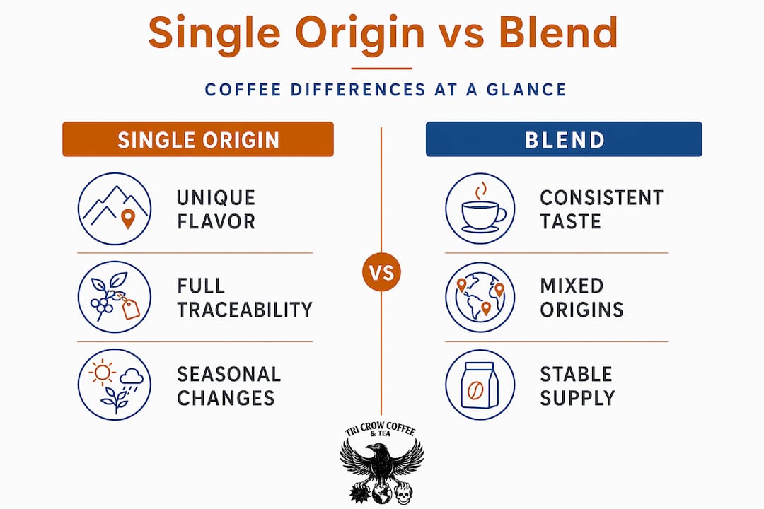 Infographic comparing single origin and blend coffee