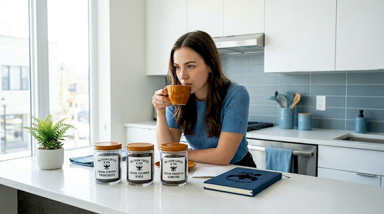 Woman tasting single origin coffees in kitchen