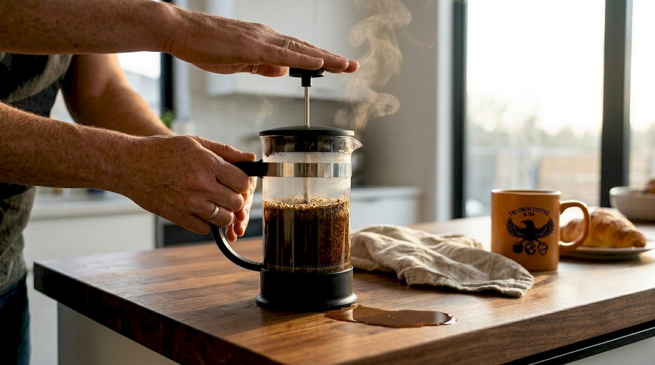 Hands pressing a French press in kitchen
