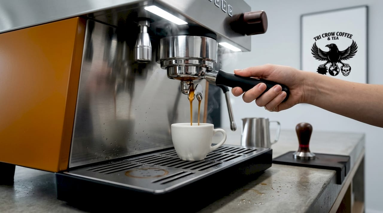 Close-up espresso shot extraction process