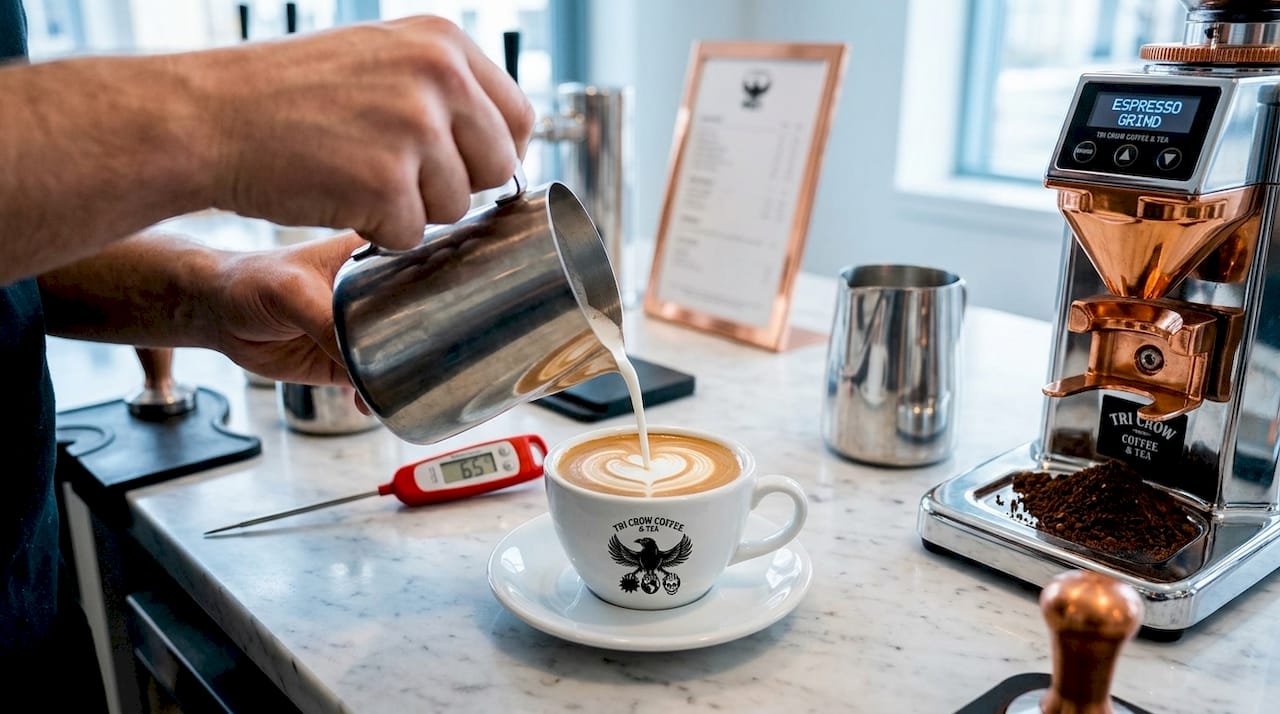 Barista pouring microfoam into espresso