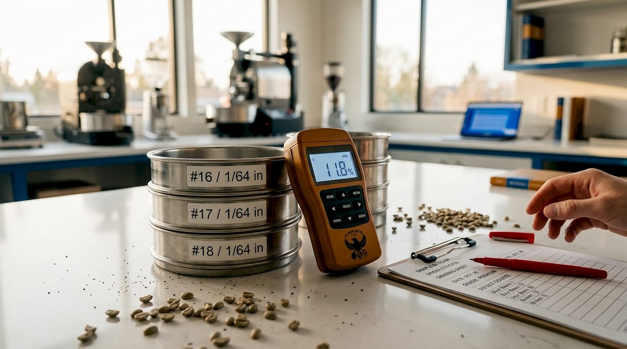 Coffee bean grading tools on table