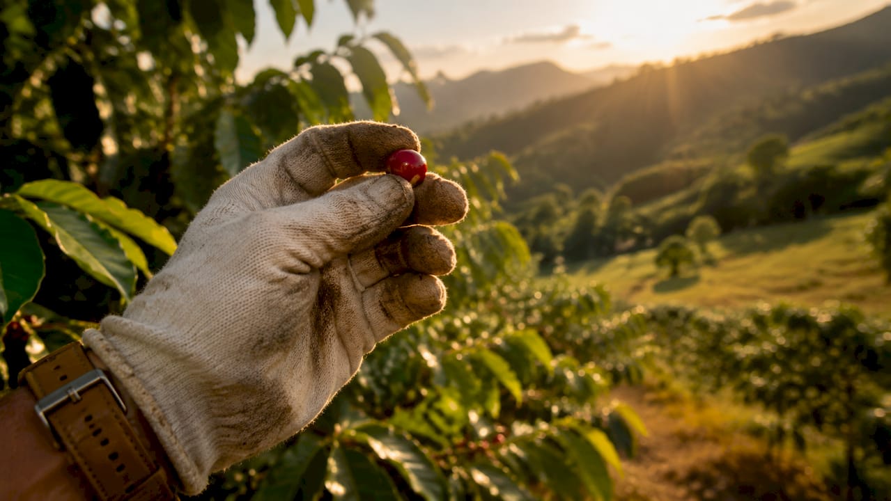 Close-up of coffee cherry in hand at high-altitude farm