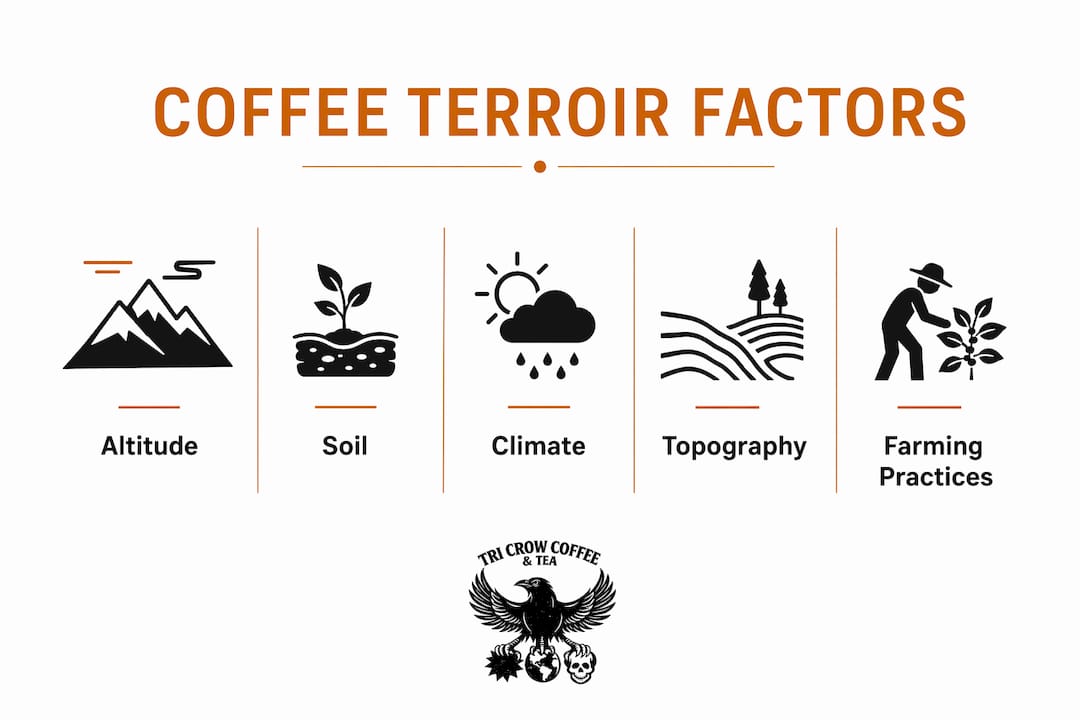 Infographic illustrating key coffee terroir environmental factors