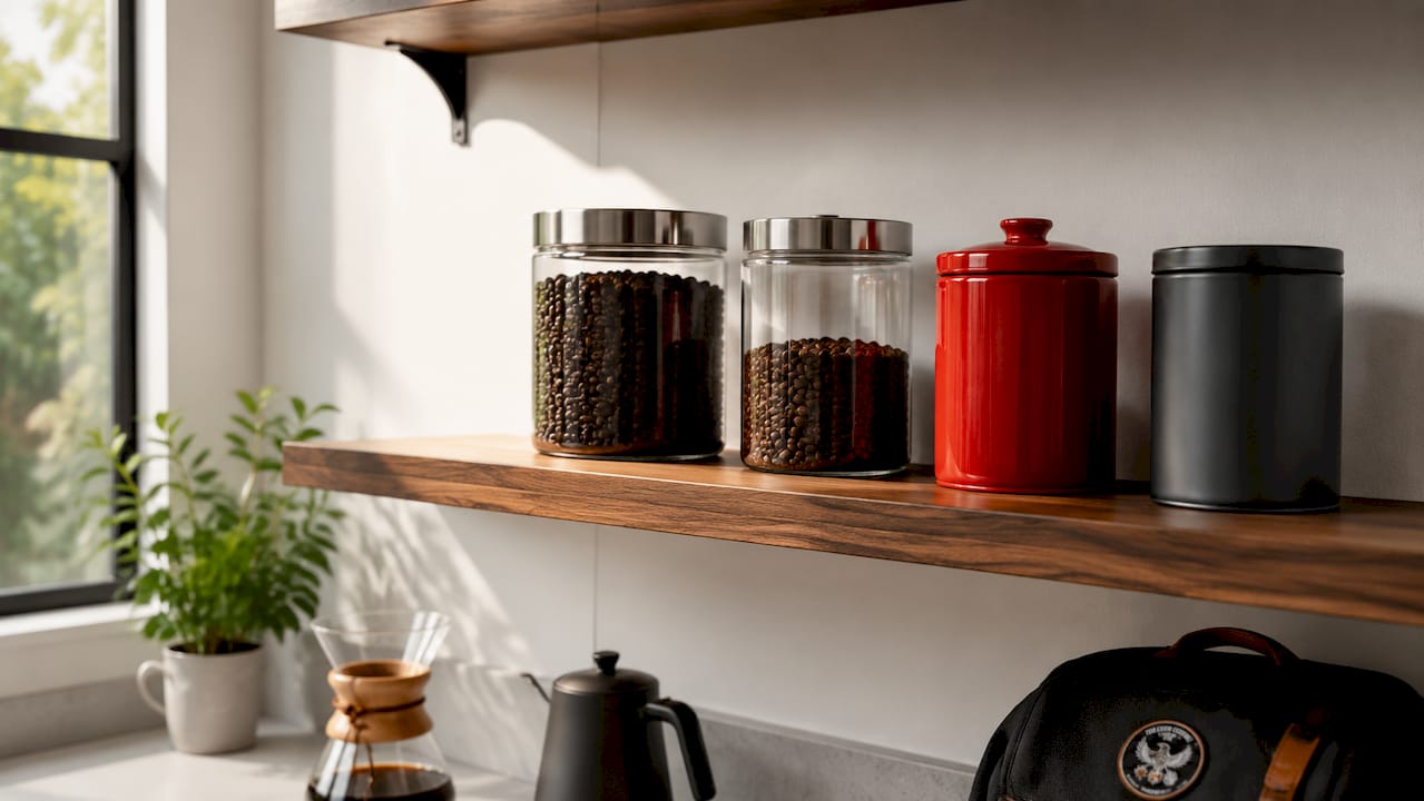 Close-up of coffee beans storage containers on pantry shelf