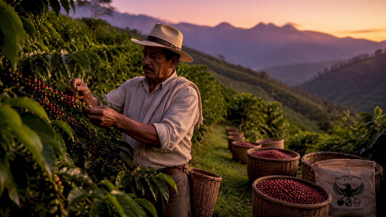 Coffee farmer inspecting coffee cherries at sunrise
