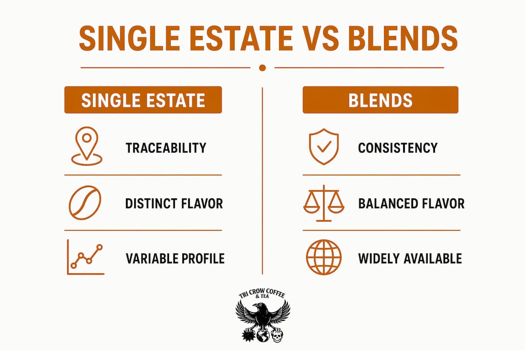 Infographic comparing single estate coffee with blends