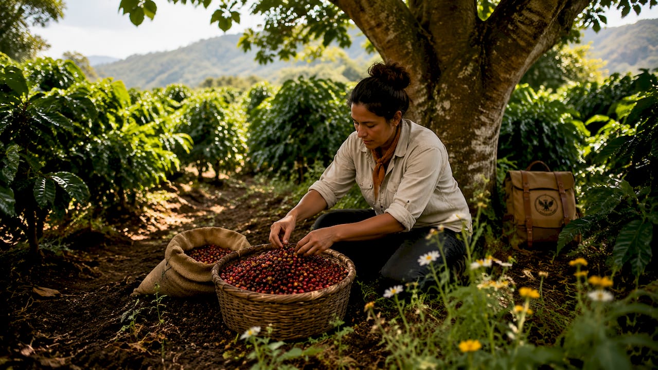 Hands sorting ripe coffee cherries selectively