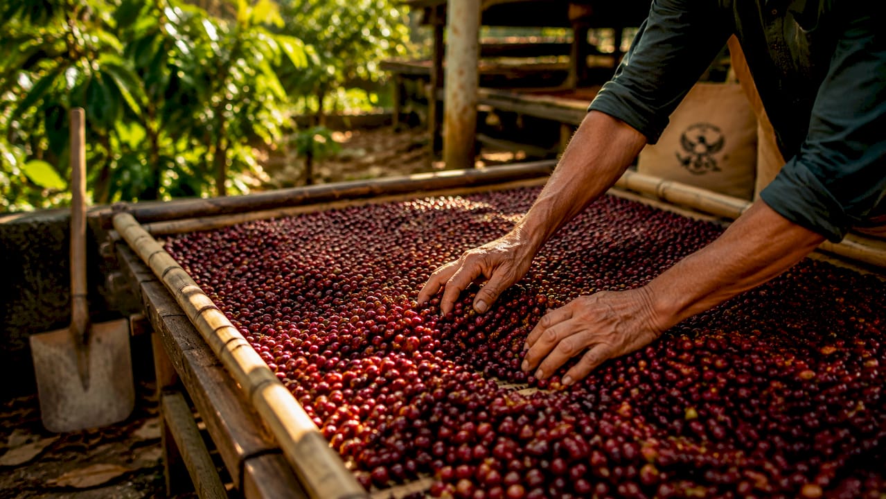 Hands spreading coffee cherries on drying bed
