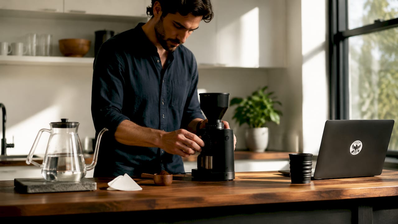 Hands adjusting burr grinder on kitchen counter
