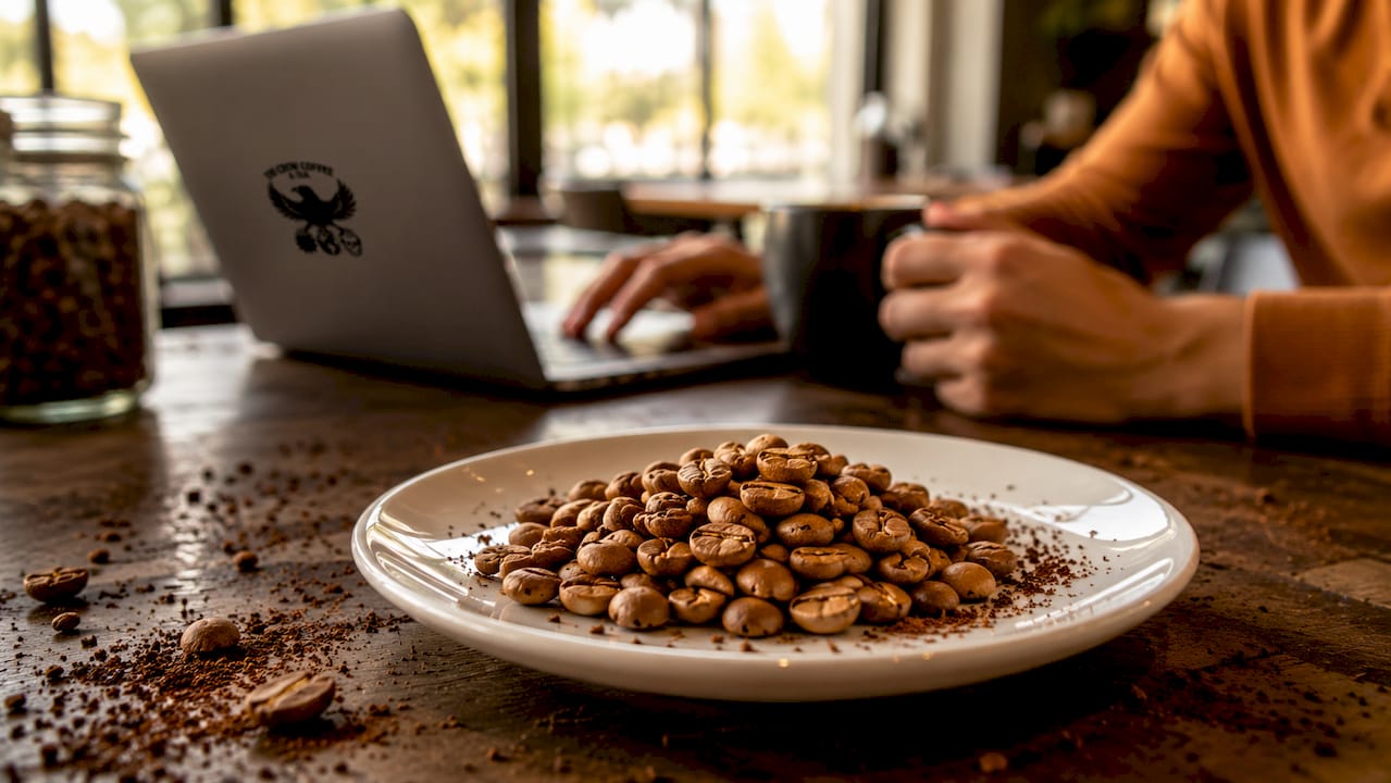 Close-up of light roast coffee beans on plate